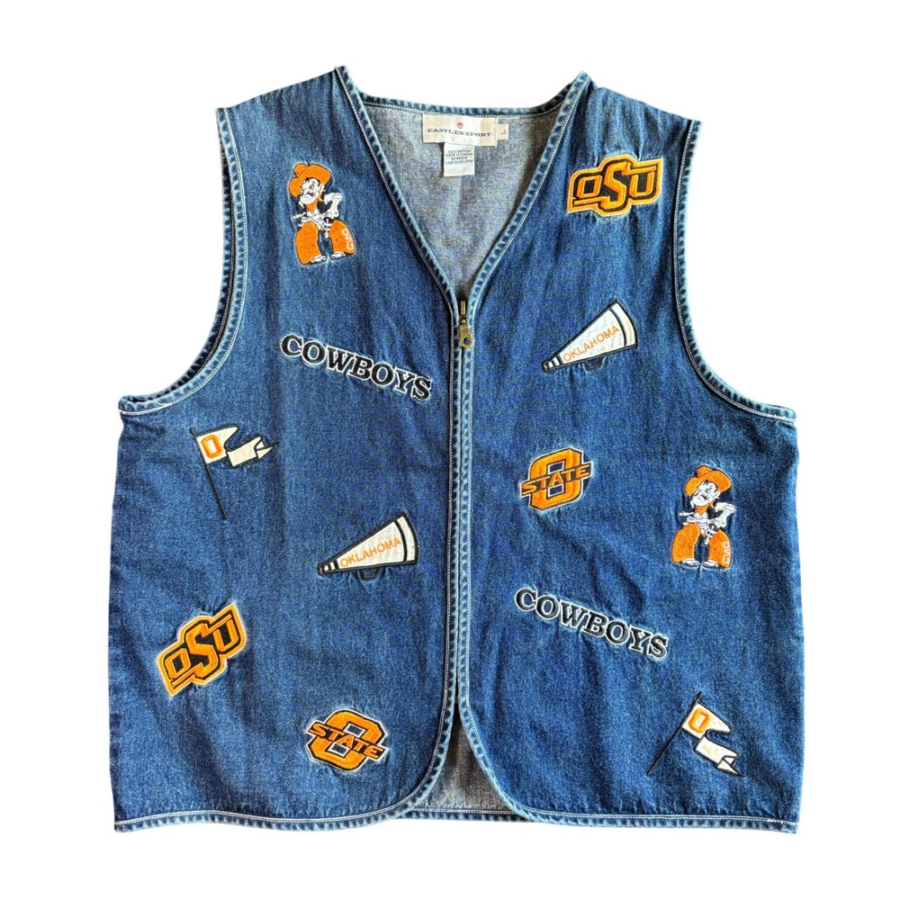 Castles Sport OSU Oklahoma State Cowboys Denim Zip Up‎ Vest Womens Large Blue